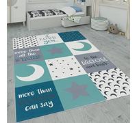 Paco Home Kids Rug, Large Rug, Star Moon and Check Patterns Pastel Colours, Size:160x230 cm, Colour:Turquoise
