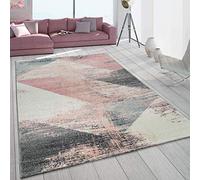 Paco Home Large Rug Grey White Pink Pastel Triangle Pattern Vintage Design Short Pile, Size:140x200 cm