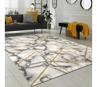 Paco Home Living Room Carpet Grey Gold Marble Design 3-D Pattern Short Pile Robust Soft, Size:160x230 cm