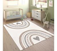 Paco Home Nursery Area Rug Kids Rug For Bedroom Girls Boys Blush 3D Modern Rainbow Heart Beige Cream Grey, Size:160x230 cm