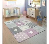 Paco Home Nursery Area Rug Kids Rug For Bedroom Girls Boys Modern Heart Dots Stars 3D Purple Grey Cream, Size:Ø 160 cm round