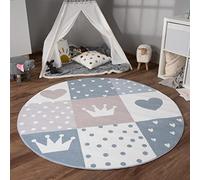 Paco Home Nursery Area Rug Kids Rug For Bedroom Girls Boys Non-slip Rainbow Heart Dots, Size:Ø 160 cm round, Colour:Beige
