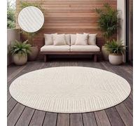 Paco Home Outdoor Rug Weatherproof Living Room Kitchen Rug Balcony Boho Scandi Design Rainbow Pattern Unicoloured Geometric Beige Cream, Size:Ø 160 cm round
