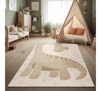 Paco Home Rug Children's Room Play Rug High-Low-Effect Loop Texture Dino Motif Natural Colours Soft-Touch Easy Care Beige Cream Charcoal, Size:80x150 cm