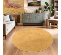 Paco Home Rug Living Room Faux Fur Soft Washable Modern Elegant Easy Care Fur Look Plain Silk Gloss Fluffy Short Pile, Size:Ø 120 cm round, Colour:Yellow
