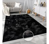 Paco Home Rug Living Room Faux Fur Soft Washable Modern Elegant Easy Care Fur Look Plain Silk Gloss Fluffy Short Pile, Size:140x200 cm, Colour:Black