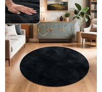Paco Home Rug Living Room Faux Fur Soft Washable Modern Elegant Easy Care Fur Look Plain Silk Gloss Fluffy Short Pile, Size:Ø 200 cm round, Colour:Black