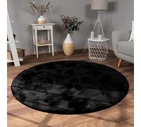 Paco Home Rug Living Room Faux Fur Soft Washable Modern Elegant Easy Care Fur Look Plain Silk Gloss Fluffy Short Pile, Size:Ø 120 cm round, Colour:Black