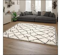 Paco Home Shaggy Large Rug High Pile Scandi Fringing Fluffy Modern Long Pile, Size:140x200 cm, Colour:Cream