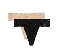 Pact Organic Cotton Women's Lace Waist Thong Underwear, 2 Pack, Black/Sesame, M