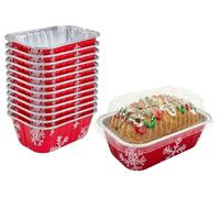 PACTOGO Disposable 1 lb. Red Holiday Christmas Aluminum Foil Small Mini Loaf/Bread Baking Pans with Clear Dome Lids (Pack of 12 Sets), 80018-WDL12