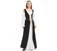 Padama Women Medieval Long Sleeve Dress Renaissance Adult Halloween Cosplay Party Outfit, Black, XX-Large