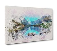 Padarn Lake In Snowdonia Wales Watercolour Canvas Print | Gallery Wrapped 30mm Frame Wall Art | 30x20 inches | Ready to Hang | Modern Landscape Picture | Living Room Bedroom Lounge Office