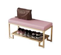 Padded Storage Bench SpaceSaving Shoe Rack with Cushion & Metal Shelf Stylish Entryway Ottoman for Living Room Hallway & Balcony (Pink with Gold Legs 80 cm)