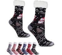 Padded Thermal Heat Fluffy Socks Christmas Reindeer Snowman Calf Length Socks 4.8 Tog Shoe Slippers Socks for Ladies UK Size 4-6 2x Assorted Pairs (UK, Alpha, One Size, Regular, Regular, Snowman)