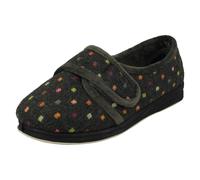 Padders Ladies Padders Wide Fitting Hook & Loop Slippers Lotty - Charcoal Spot - UK 3