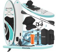 tectake® Inflatable Paddle Board with 2-in-1 Aluminium Paddle, Durable Drop-Stitch Material, Non-Slip Surface, 3-Fin System & Padded Kayak Seat - SUP Board Set, Incl. Air Pump, Backpack & Repair Kit