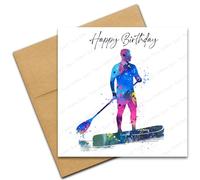 Paddle Boarder Happy Birthday Card, Colourful Abstract Water Sports Man on Paddle Board