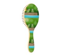Paddle Brush Hair Brush, Round Wooden Pins Air cushion comb, Scalp massages Detangling Hair Hairbrush for Smoothing Hair Print Three Green Frogs on the Log Yellow Flowers Green