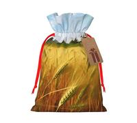 Paddy Rice Field Printed Christmas Drawstring Bags,S | Reusable Xmas Gift Storage Bags, Red Ribbon