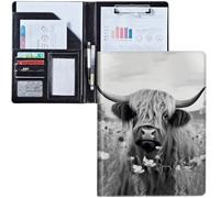 Padfolio Clipboard Folder Portfolio Notepad Organizer, PU Leather Interview Resume Folder,with Business Card Holder/Letter A4 and Writing Pad/Mobile Phone Storage Pocket,Highland Cow Ox Cattle