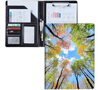 Padfolio Clipboard Folder Portfolio Notepad Organizer, PU Leather Interview Resume Folder,with Business Card Holder/Letter A4 and Writing Pad/Mobile Phone Storage Pocket,Forest Trees