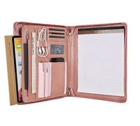 Padfolio for Women, Pink Leather Portfolio with Zipper, Vegan Leather Business Portfolio Organizer with A4 Writing Pad Holder for Resume, Interview, Meeting, Non-Custom