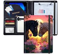 Padfolio/Portfolio Folder Clipboard,Personalized Leather Portfolio Padfolio W/Resume Document Organizer Letter Size A4 Writing Pad Business Card Holders for Men Women,Two Love Horses and Lotus