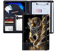 Padfolio/Portfolio Folder Clipboard,Personalized Leather Portfolio Padfolio W/Resume Document Organizer Letter Size A4 Writing Pad Business Card Holders for Men Women,Golden Light Tiger