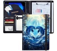 Padfolio/Portfolio Folder Clipboard,Personalized Leather Portfolio Padfolio W/Resume Document Organizer Letter Size A4 Writing Pad Business Card Holders for Men Women,Two Blue Love Dolphins