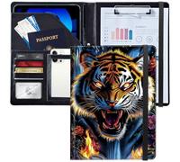 Padfolio/Portfolio Folder Clipboard,Personalized Leather Portfolio Padfolio W/Resume Document Organizer Letter Size A4 Writing Pad Business Card Holders for Men Women,Roaring Tiger and Flowers