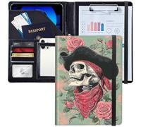 Padfolio/Portfolio Folder Clipboard,Personalized Leather Portfolio Padfolio W/Resume Document Organizer Letter Size A4 Writing Pad Business Card Holders for Men Women,Red Rose Pirate Skull