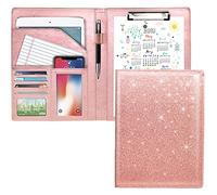 Padfolio/Resume Portfolio Folder Glitter Pink for Women,WAVEYU Cute Pink Padfolio Cover Folder, Conference/Legal Document Organizer with Letter/A4 Size Clipboard, Document Sleeve