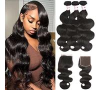 padise 100% Unprocessed Human Hair Extensions 4x4x4x4 Loose Lace Closure Natural Color (16 18 20+14) 3 Bundles with Closure