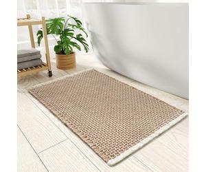 PADOOR Checkered Bath Mat, Super Absorbent Non Slip Bath Mats for Bathroom Floor 3D Two Tone Woven Bathroom Mat with Tassels Machine Washable Bathroom Rugs Beside Tub, 18" x 30", Brown & Cream