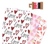 Padorul 3 Sheets Valentine's Day Gift Wrapping Paper with 3 Ribbons, Heart & Love Design Artistic Wrap Set for Anniversary, Wedding, Romantic Present Decoration