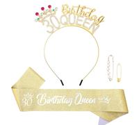 Padorul 30th Birthday Crown & Sash Set for Women, Sparkling Crystal Tiara with Gold Glitter Birthday Queen Banner and Pearl Accent Pin for Celebration Party Decor