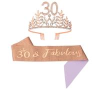 Padorul 30th Birthday Rose Gold Leaf Crown & “30&Fabulous” Sash Set for Women - Rhinestone Queen Tiara Headband with Comb, Sparkly Party Decorations for 30th Birthday Celebration