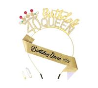 Padorul 40th Birthday Crown & Sash Set for Women, Sparkling Crystal Tiara with Gold Glitter Birthday Queen Banner and Pearl Accent Pin for Celebration Party Decor