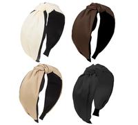 Padorul 4Pcs Solid Color Top Knotted Wide Headbands, Soft Inner Lining Non-Slip Comfortable Stretchable Hair Accessories for Women Girls