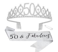 Padorul 50th Birthday Girl Sash and Tiara, Silver Crown & “50&Fabulous” Sash Set for Women- Rhinestone Queen Tiara Headband with Comb, Sparkly Party Decorations for Birthday Celebrations