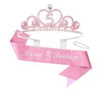 Padorul 5th Birthday Crown and Sash Set for Girls, Silver Pink Rhinestone Tiara with Glitter "It's My 5th Birthday" Banner & Pearl Pin, Princess Party Accessories