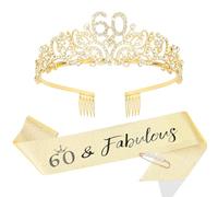 Padorul 60 Birthday Gold Crown & “60&Fabulous” Sash Set for Women, Rhinestone Queen Tiara Headband with Comb & Shining Sash for Princess Birthday Party
