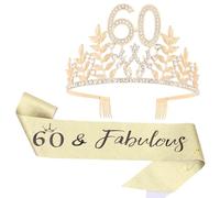 Padorul 60th Birthday Crown & Sash Set for Women - Gold Glitter Leaf Tiara & Crystal '60 & Fabulous' Sash - Elegant Birthday Party Decorations