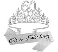 Padorul 60th Birthday Silver Leaf Crown & “60&Fabulous” Sash Set for Women - Rhinestone Queen Tiara Headband with Comb, Sparkly Party Decorations for 60th Birthday Celebration