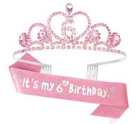 Padorul 6th Birthday Crown and Sash Set, Silver Pink Rhinestone Tiara with Glitter "It's My 6th Birthday" Banner & Pearl Pin, Fashion Party Accessories
