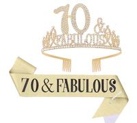 Padorul 70th Birthday Gold Crown & “70&Fabulous” Sash Set for Women - Rhinestone Queen Tiara Headband with Comb, Sparkly Party Decorations for 70th Birthday Celebration