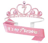 Padorul 7th Birthday Crown and Sash Set, Silver Pink Rhinestone Tiara with Glitter "It's My 7th Birthday" Banner & Pearl Pin, Fashion Party Accessories