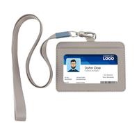 Padorul Horizontal PU Leather ID Badge Holder, Single-Sided Clear Window Work Card Case with 1 Card Slot & 18.30 Inch Detachable Neck Lanyard Strap - Grey