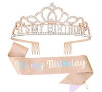 Padorul It’s my Birthday Rose Gold Diamond Crown & Sash Set, Rhinestone Rose Gold Princess Tiara Headband with Comb & Sparkle Sash Set for Birthday Party Queen Princess Decoration